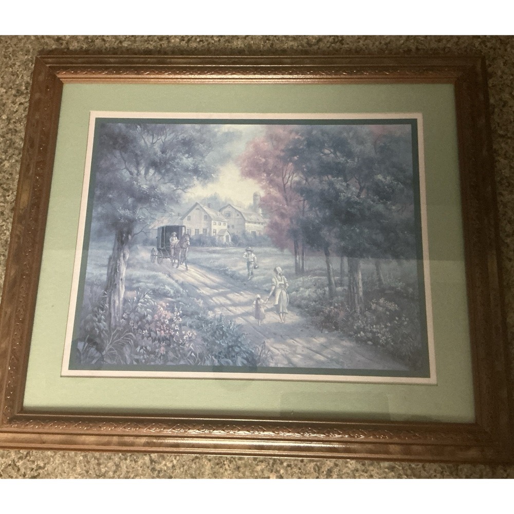 Vtg Carl Valente Amish "Evening Shadows" Print Matted Wood Frame 10.5x13.5 Art